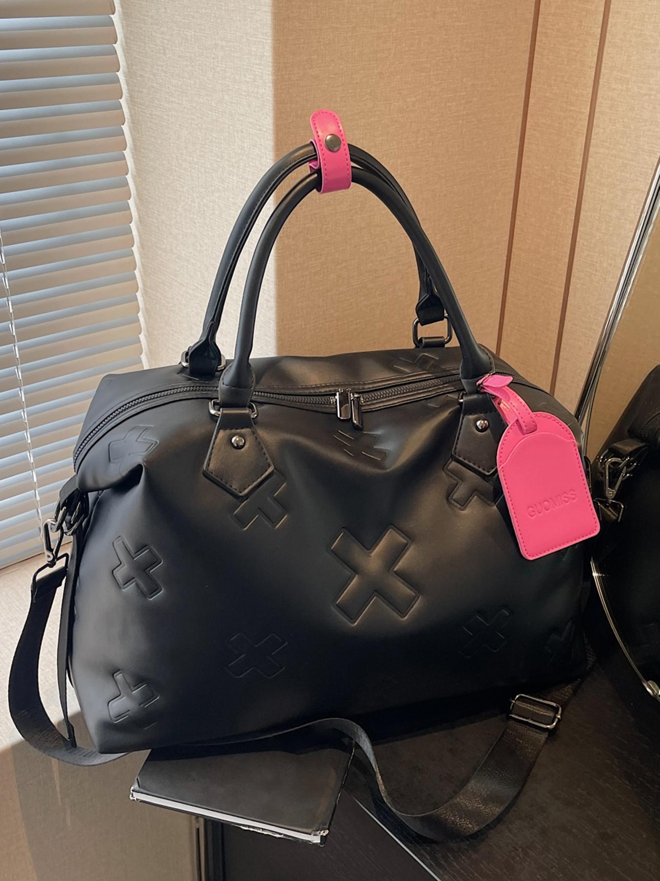 Cross Embossed Handbag, Contrasting Color Design, Portable Single-shoulder Commuting Large-capacity Boston Bag, Single-shoulder Crossbody Multi-purpose Commuter Bag, Suitable for Short-distance Travel, Sports and Fitness, Elegant Embossed Bag