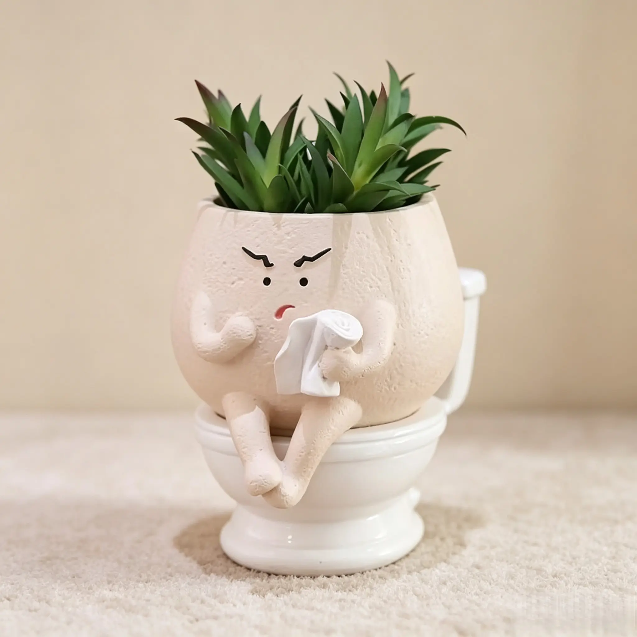 Funny Face Toilet Planter with Drain Holes, Cute Self-Watering Succulent Pot, Unique Head Planter for Home Office Desk, Great Gift, Resin Planters, Unique Pots