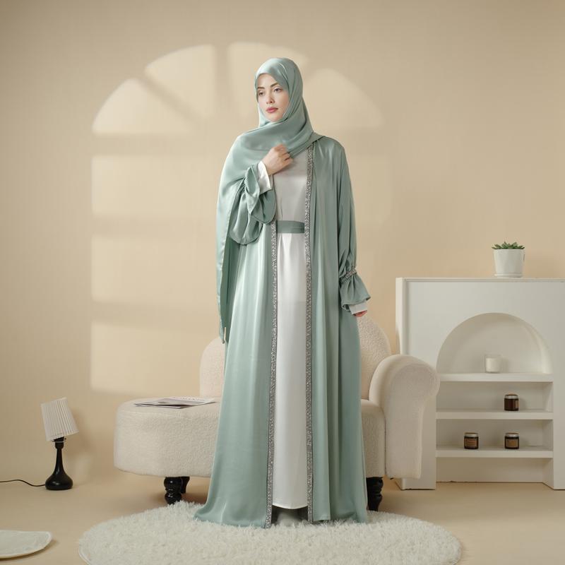 Modesty Muslim Chic Fit Maxi 4-Piece Set: Poet Sleeve Satin Abaya & hijab (MOA009) Formal