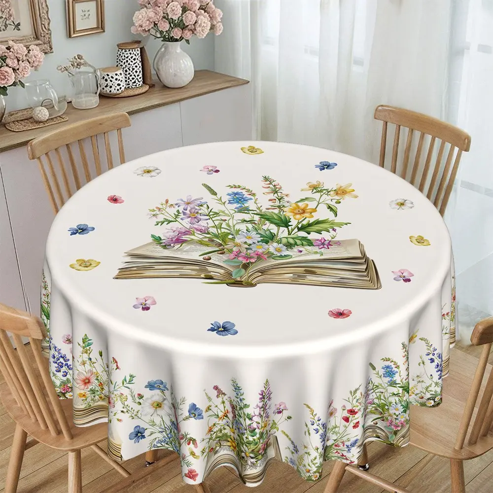 jit, 1pc European-style fresh book floral print round tablecloth for kitchen/dining room, made of 120g/㎡ twill polyester, furniture-protecting table cover, Soft, party and gathering decoration, tabletop decor, great for outdoor