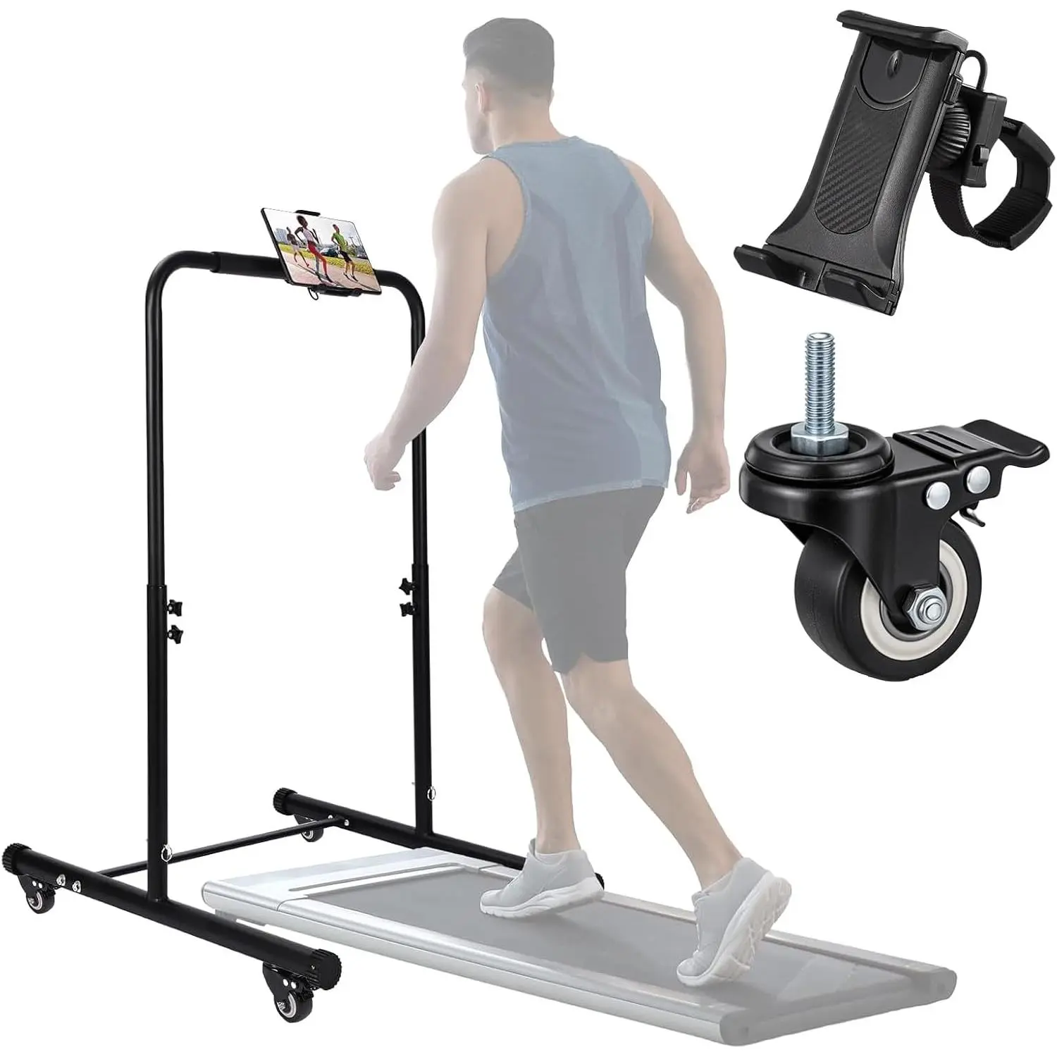 28.74 Inch Handle Bar for Walking Pad Only with Phone Holder and 4 Wheels with Brakes Stainless Steel Increase Height Walking Pad Handle Bar Adjustable Handrail Height from 51.2 to 67.7 Inch