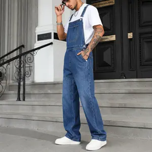 Men's Blue Denim Overalls,Vintage Wide Leg Utility Dungarees,Y2K Clean Fit Casual Jumpsuit,Clean Fit Workwear Trousers,