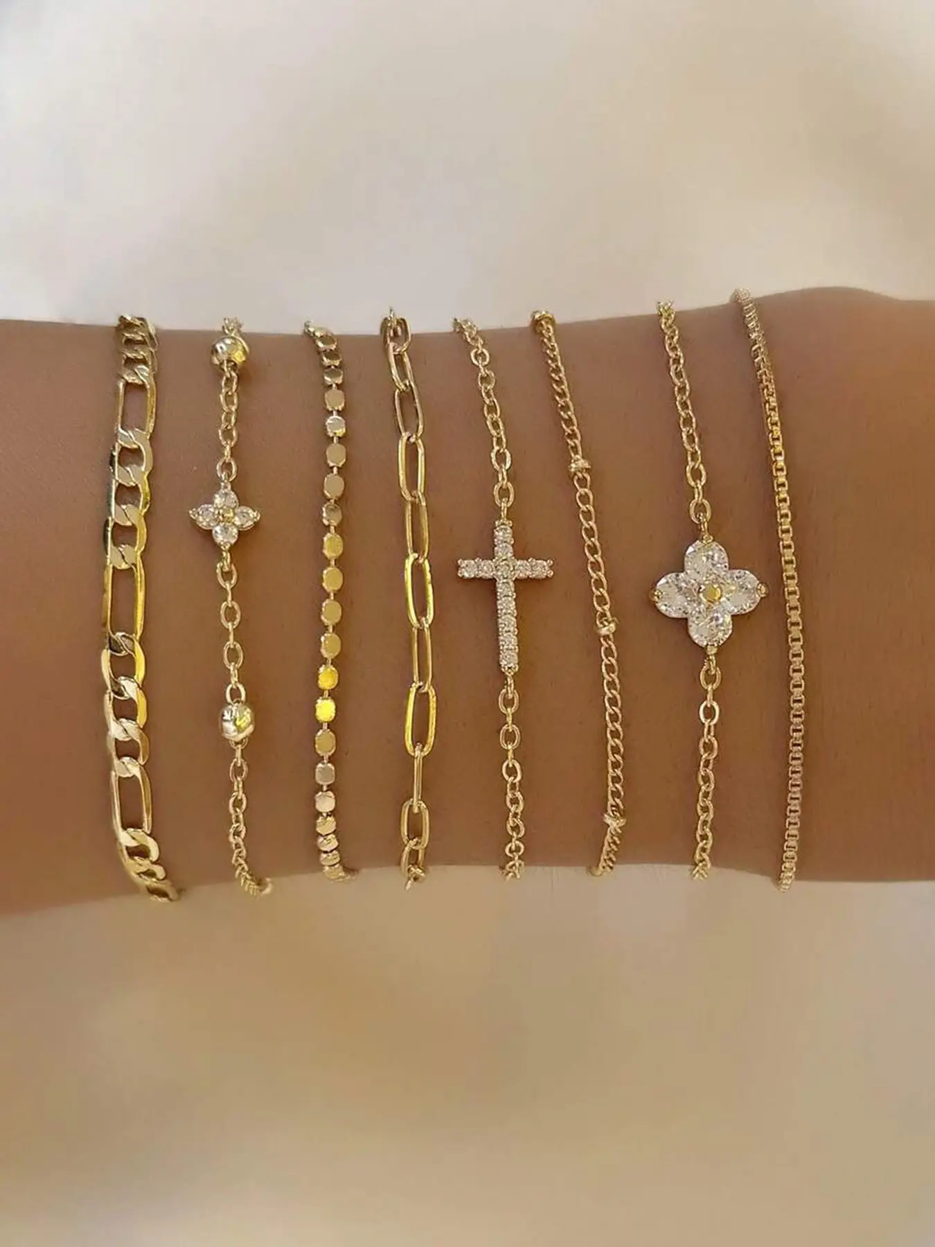 8-Piece Women's Bracelet Set, Cross & Clover Zircon Chain, Elegant Cubic Zirconia Jewelry, Layered Stackable Party Accessories, Ideal Gift, Bracelets Stack