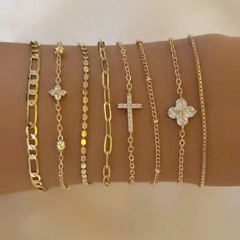 8-Piece Women's Bracelet Set, Cross & Clover Zircon Chain, Elegant Cubic Zirconia Jewelry, Layered Stackable Party Accessories, Ideal Gift, Bracelets Stack