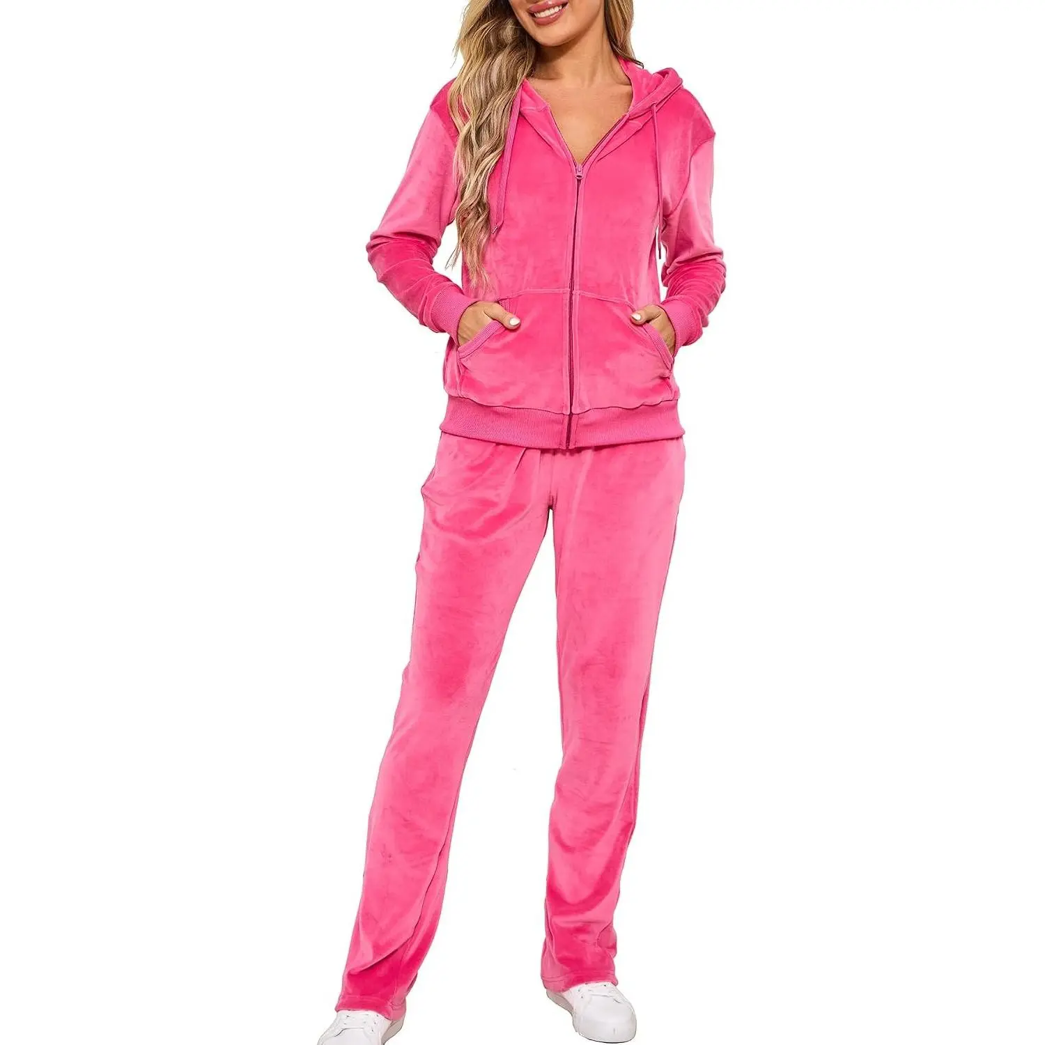 Women's Velour 2-Piece Track Suit Set - Long Sleeve Tops, Zipper Design, Fall Sweatsuits