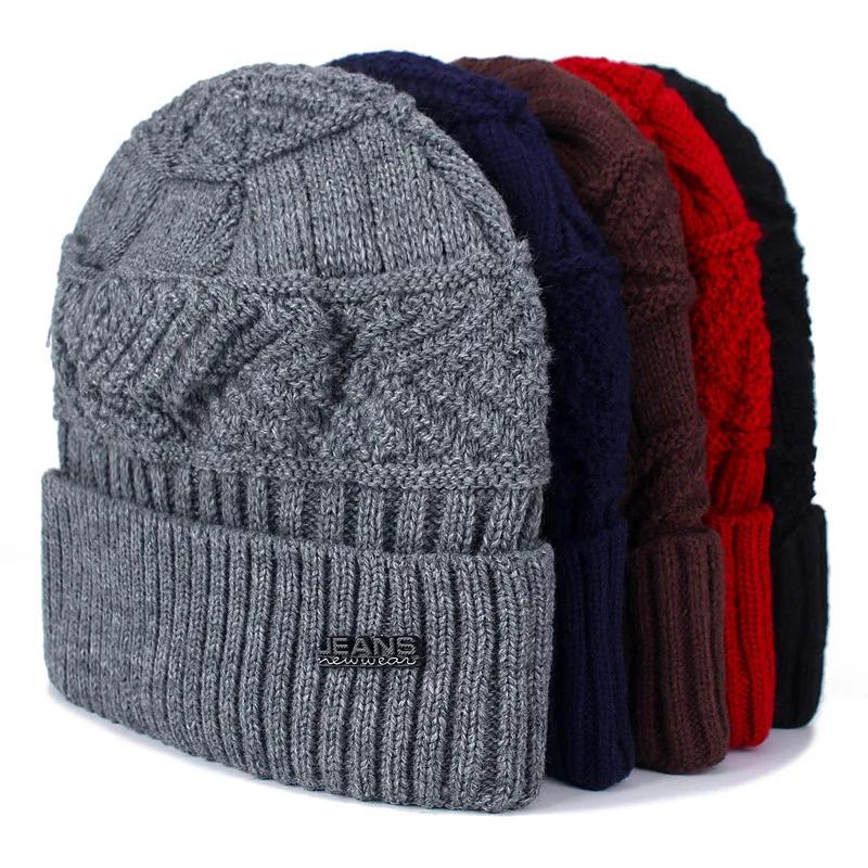 Hot Sale Unisex Warm Winter Hat Jeans Label Stylish Plush Fur Lined Soft Beanie Hat Thick Winter Hats For Women Men Knitted Hat