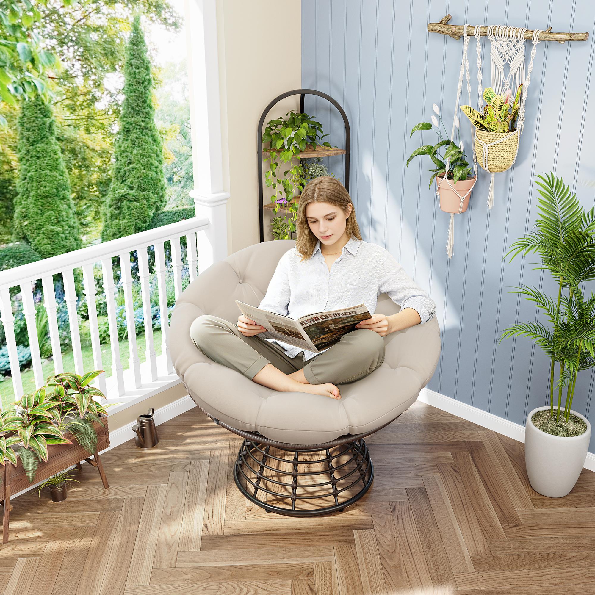 Comfortable Ergonomic Wicker Papasan Chair, 360 ° Swivel Indoor Outdoor Rattan Chair with Soft Thick Cushion, Ideal for Living Room, Bedroom, Reading Room, Brown Frame with Beige Cushion Comfortable Ergonomic Wicker Papasan Chair, 360 ° Swivel Indoor Outdoor Rattan Chair with Soft Thick Cushion, Ideal for Living Room, Bedroom, Reading Room, Brown Frame with Beige Cushion