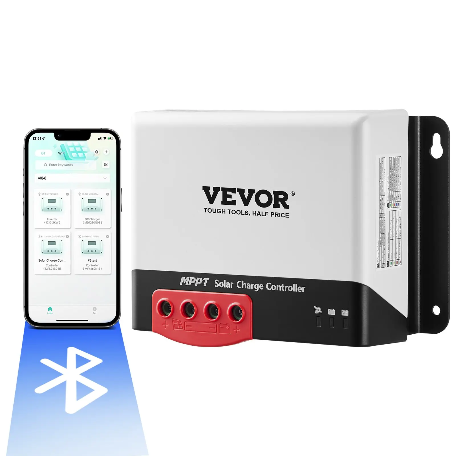 VEVOR 50A MPPT Solar Charge Controller, 12V / 24V Auto DC Input, Solar Panel Regulator Charger with Bluetooth Module, 98% Charging Efficiency for Sealed(AGM), Gel, Flooded and Lithium Battery Chargin