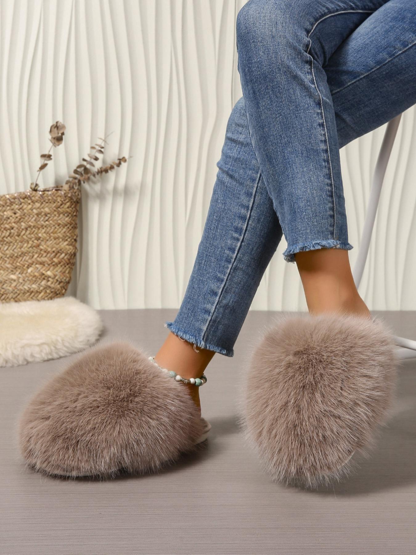 Women's Solid Color Fluffy Plush Slippers, Casual Soft Comfortable Home Slippers, Warm Slippers for Indoor & Outdoor Use for Fall & Winter