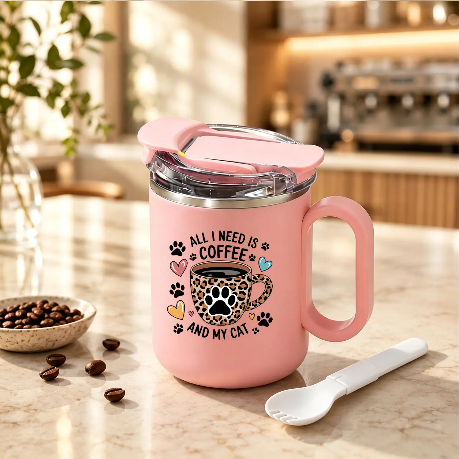 1pc New Stainless Steel Coffee Mug with Lid and Spoon, spill-proof insulated mug suitable for hot and cold drinks with leak-resistant lid design. Great for home, outdoor activities and camping, an ideal gift choice.