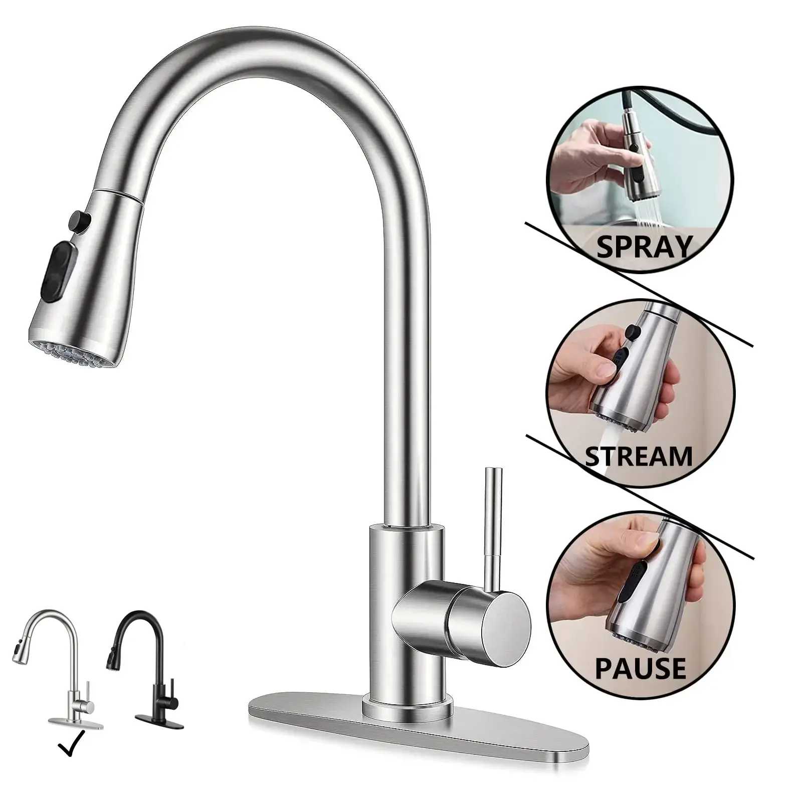 Brushed Nickel High-Arc Kitchen Faucet Taps, Commercial Stainless Steel Deck Mount with Pull-Down Spray, Single Handle, 360-Degree Rotation, Ceramic Valve, Anti-Fingerprint - Suitable for Bar, RV Use