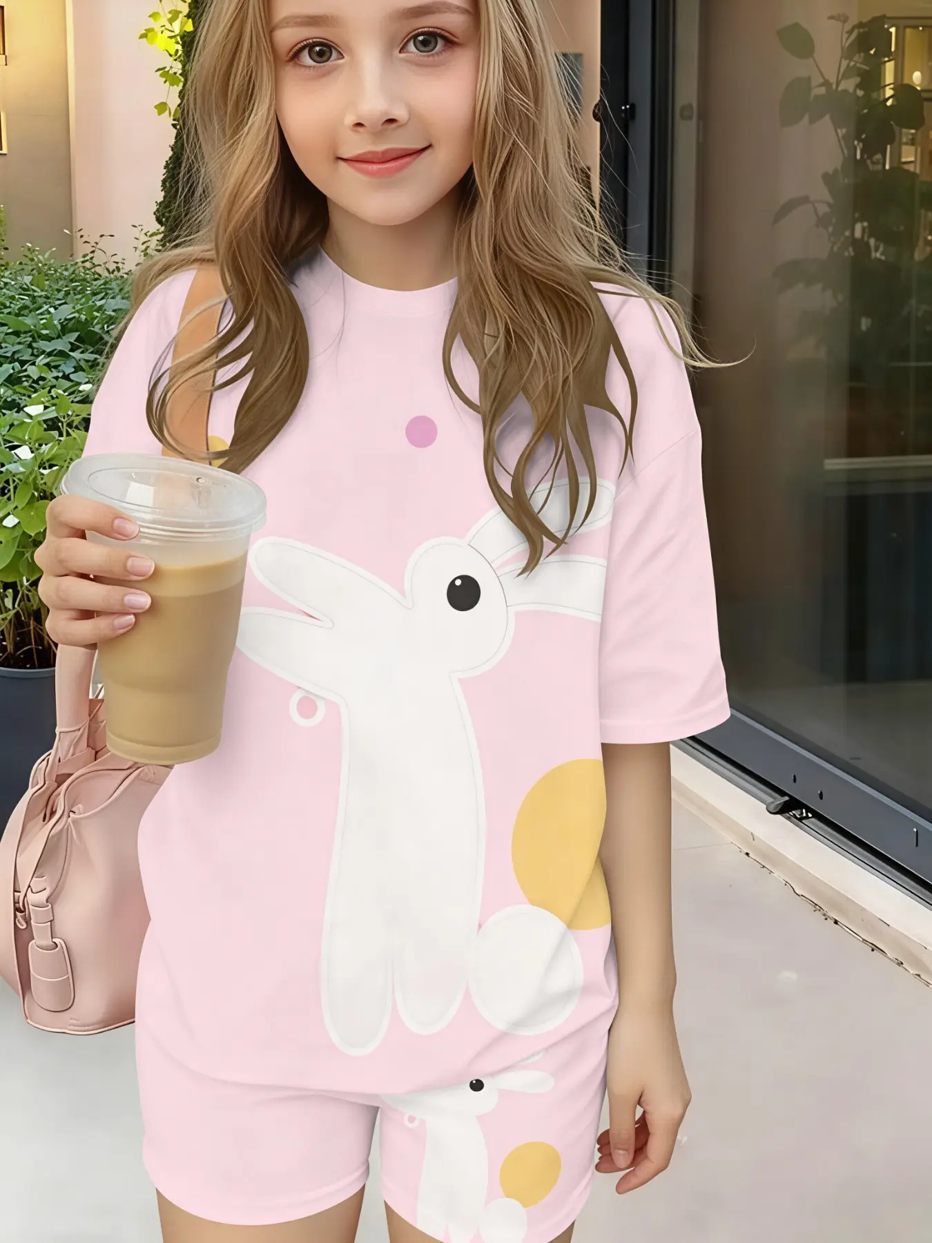 Sweet Pink Cartoon Bunny Full Print Girls Summer Matching Outfit Comfy Stretch Loose Tee And Bike Shorts Set For Young Girls Indoor Lounge Beach Trip Playdate Wear Viral LA Cute Kids Casual Apparel