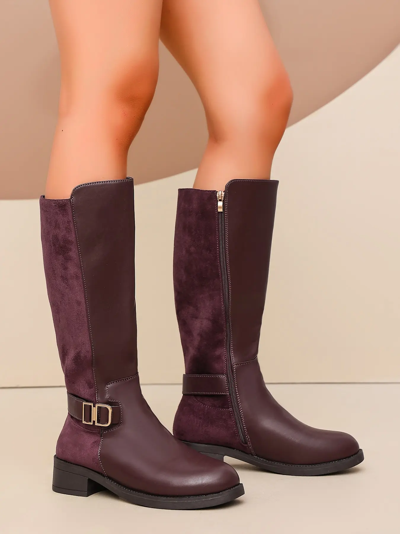 Ladies' knee high riding boots, low thick heel high leg equestrian commuting boots, side zipper ankle buckle boots, comfortable and fashionable, suitable for daily wear, Boots with zipper