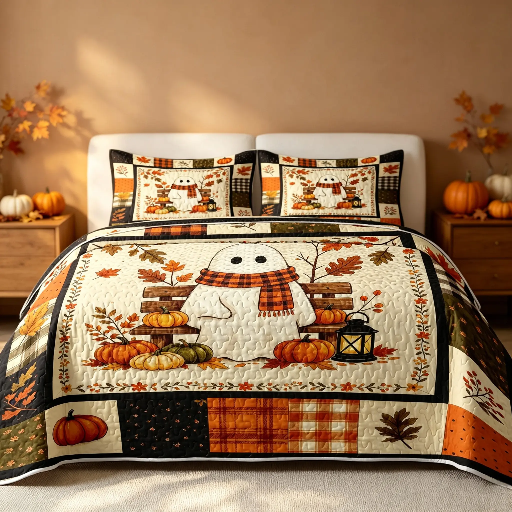 3-Piece Ghost Pumpkin Quilt Set, Cartoon Ghost Pumpkin Patchwork Bedspread, Lightweight Reversible Bedspread with Matching Pillowcases, No Duvet Insert, Suitable for All Seasons, Halloween and Fall-Themed Bedroom Bedding, Bedding Sets