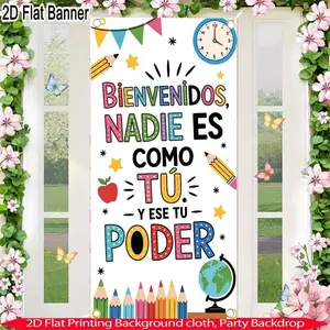 2D Flat Banner 1pc Spanish Quote Wall Hanging, Colorful Pencil Apple Globe Clock Decor, Classroom Office Backdrop, Polyester Material