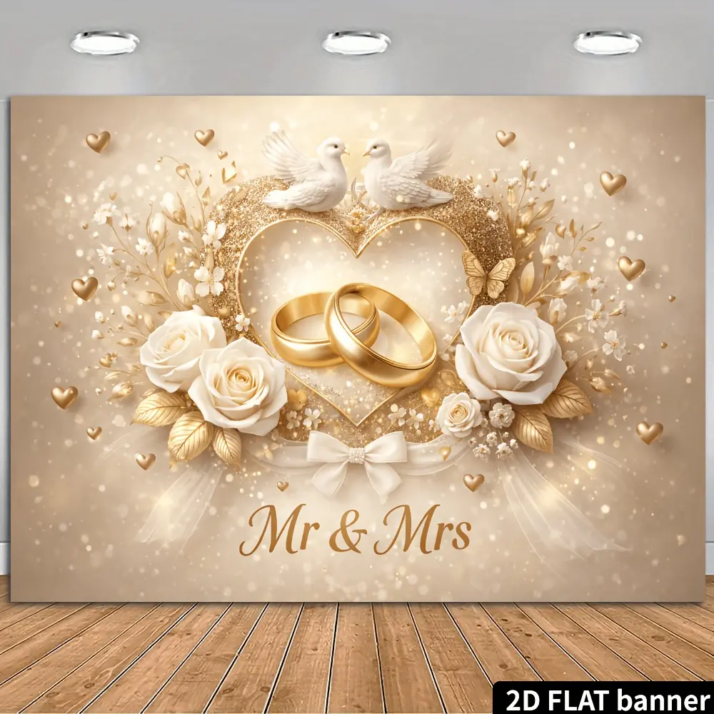 Elegant Wedding Backdrop Banner with Golden Hearts, Wedding Rings, White Roses and Dove Design, Romantic Photo Background for Indoor Outdoor Celebrations