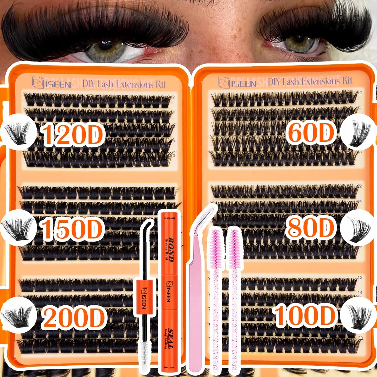 DIY Volume Lash Clusters Kit ,DIY Lash Extension Kit D CURL, Eyelash Extensions,with Bursh&Lash Bond and Seal&Tweezers, Eye Corner Eyelashes