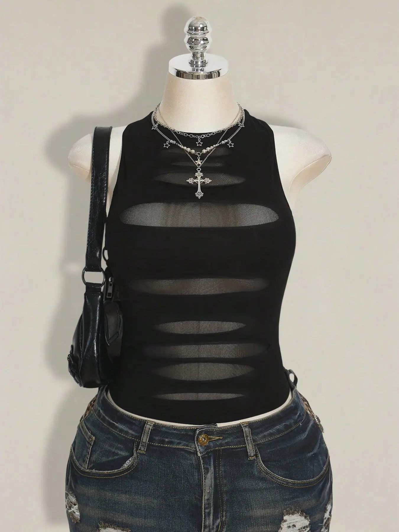 Ladies' hollowed out mesh sleeveless vest women, see through spicy girl top, stackable matching, Casual, Y2K spicy girl&pure sensual style, American retro perforated bottom shirt, suitable for all seasons, daily life, parties