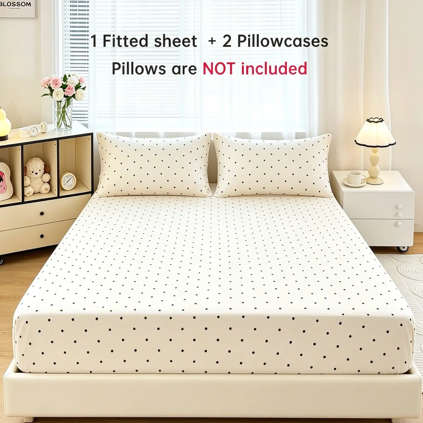 Polka Dot Fitted Sheet Set, Cream White Black Dot Deep Pocket Fitted Sheet with 2 Pillowcases, Soft Cute Aesthetic Bed Sheet, Bedsheet Sets for Teen Girls Bedroom Decor