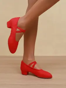 Women's Ballet Flats with Cross Elastic Straps, Mid Heel Rubber Sole for Stability, Breathable Fabric for Dance & Yoga