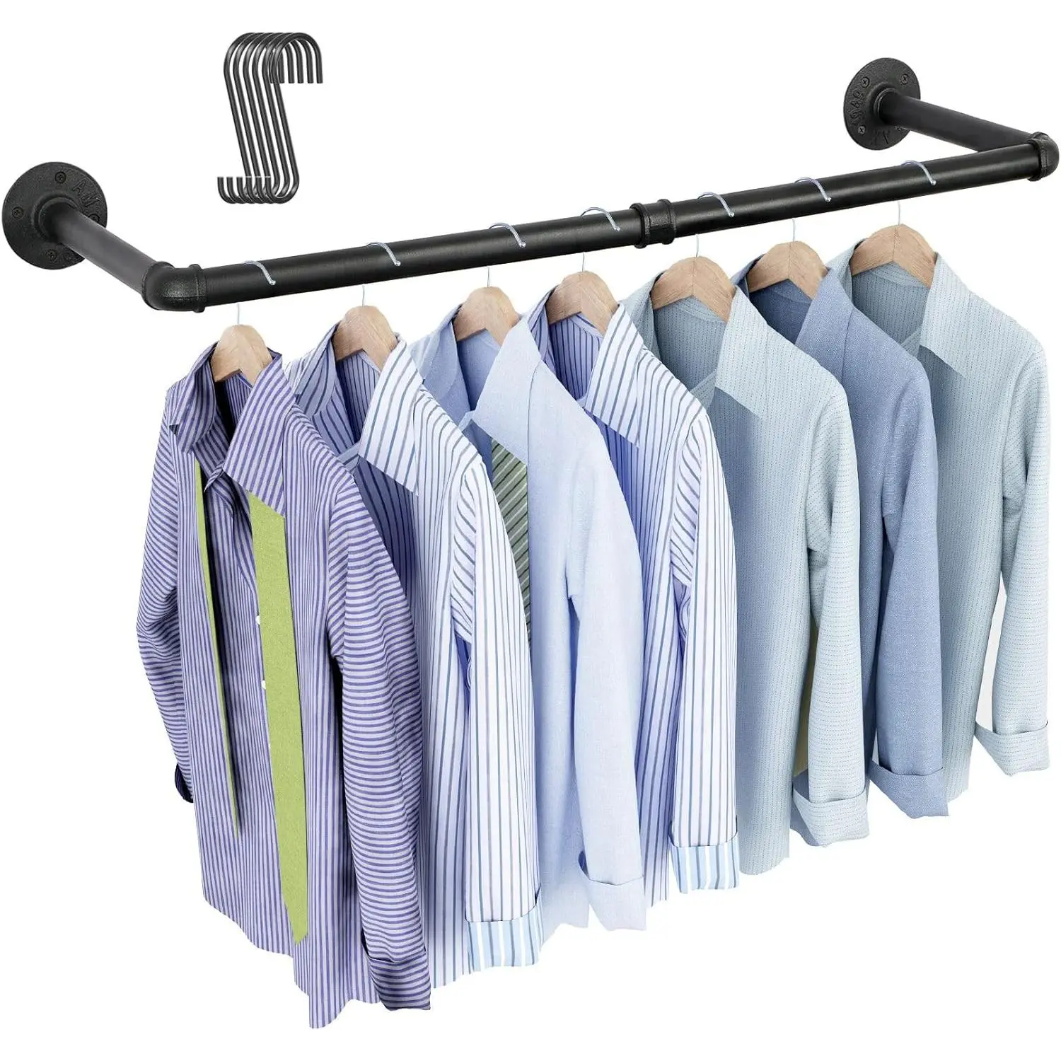 Industrial Pipe Clothing Rack 38.4", Heavy Duty Detachable Wall Mounted Black Iron Garment Bar, Multi-purpose Hanging Rod for Closet Storage, Black (Two Base)