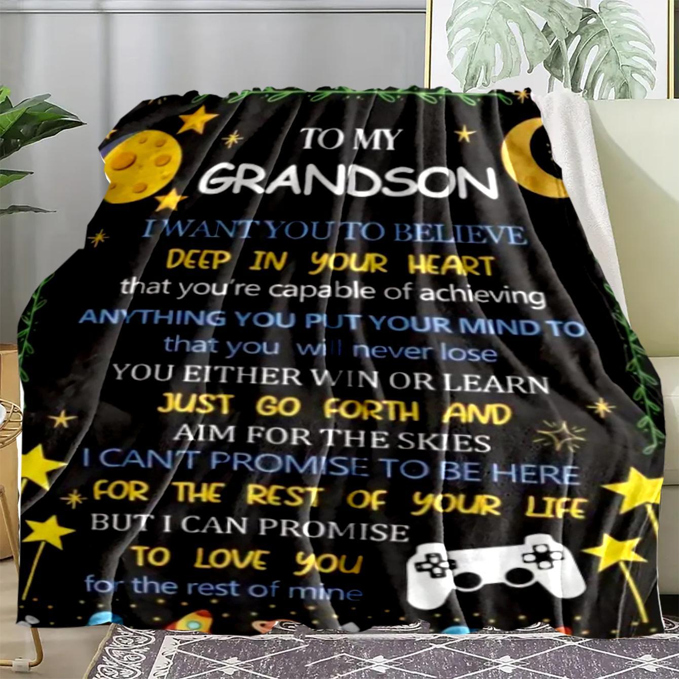 Letter To Grandson Pattern Flannel Blanket, Custom Flannel Blanket, 1 Count Soft Warm Throw Blanket, Air-conditioned Room Blanket, Warm Nap Blanket for Home Office Travel, Slogan Print Blanket, Inspirational Blanket