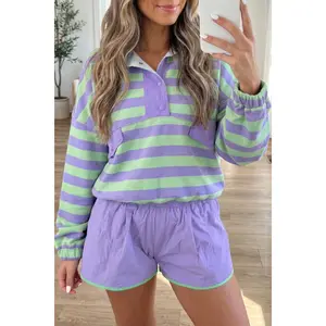 Purple Stripe Snap Button Long Sleeve Henley Top Contrast Shorts Two Piece Set