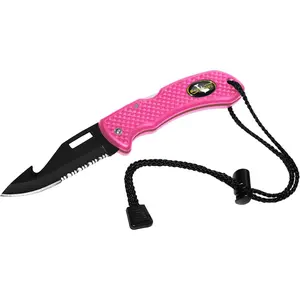 Pink/Stainless Steel Folding Knife - Wrist Lanyard, Saltwater Resistant, Wire Cutter, Black Electro-Plating, Non-Slip, Black/Titanium Finish, Inches Size - Scuba Diving, Camping Gear