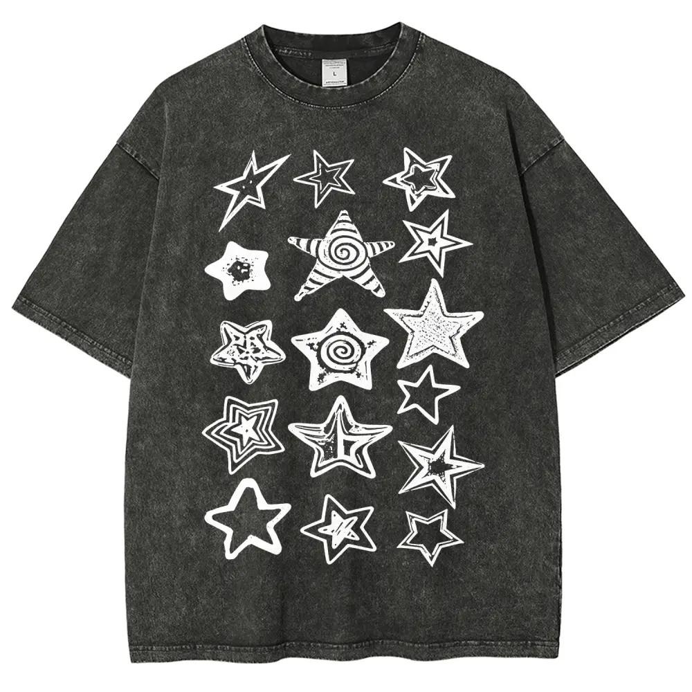 Unisex Y2K Vintage Mottled Graffiti Graphic T-Shirt, Irregular Spiral Pentagram Print 100% Cotton Crewneck Top, Acid Washed Oversized Loose Fit, Personalized Retro Streetwear Apparel, Breathable Summer Casual Outfit For Men And Women