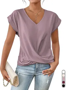 2026 Spring Summer New Arrival Women's V Neck Front Twist Knot T-Shirt, Roll Cuff Short Sleeve Loose Fit Blouse, Soft Breathable Lightweight Wrinkle Resistant Casual Top for Daily Streetwear and Dating Outfits