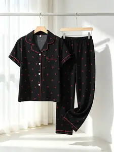 Women's Button-Down Short Sleeve Top & Long Pants Pajama Set, Black Red Cherry Print, Red Piping, Front Pocket, Elastic Waist, All Season Wear, Cozy Edgy Sweet Cherry Print Loungewear