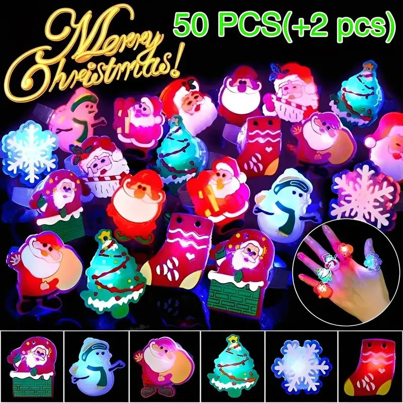 50Pcs+2pcs Christmas Light Up Rings Party Favors Luminous Flash Finger LED Ring Blinking Jelly Rubber Ring for Kids Adults Christmas Gifts Plastic Spooky