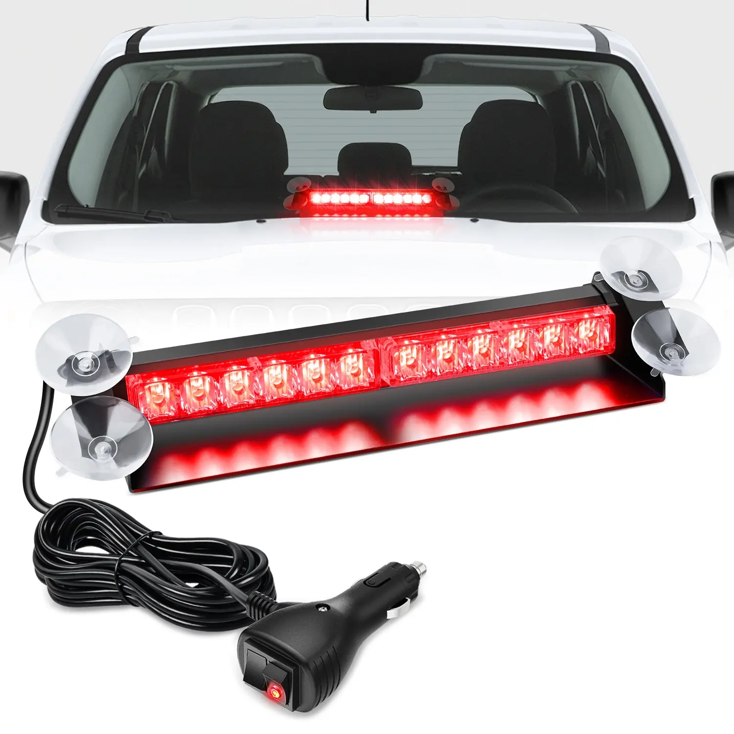 Nilight 12-LED Suction Aluminum Strobe Light Bar, 12-24V DC Red Emergency Warning Hazard Safety Light for Car Truck Law Enforcement Vehicles (Dash/Front-Rear Windshield Mount)