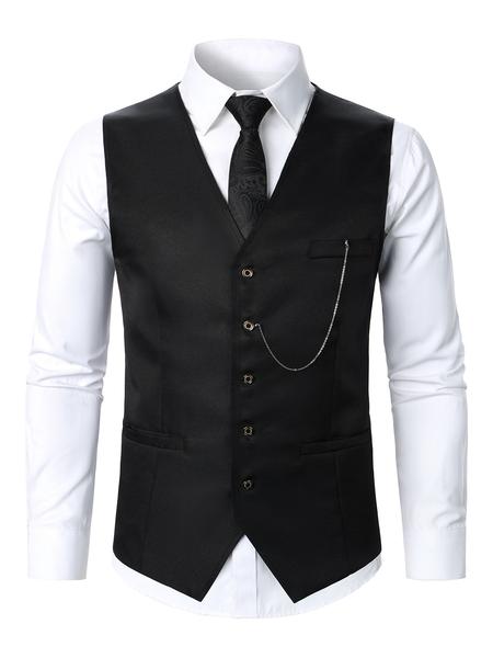 Two-Piece Set Men's Solid Button Front Suit Vest & Pocket Pants Suit Set, Chain Decor V Neck Top & Trousers, Men's Formal Outfits for Work Office Business Two-Piece Set Men's Solid Button Front Suit Vest & Pocket Pants Suit Set, Chain Decor V Neck Top & Trousers, Men's Formal Outfits for Work Office Business