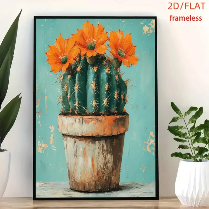 frameless Orange Cactus  Decal Art Decor Print Poster, Wall Art for Living Room, Bedroom, Office, Dining Room & Bar, Perfect Gift & Home Decor, 12in x 16in