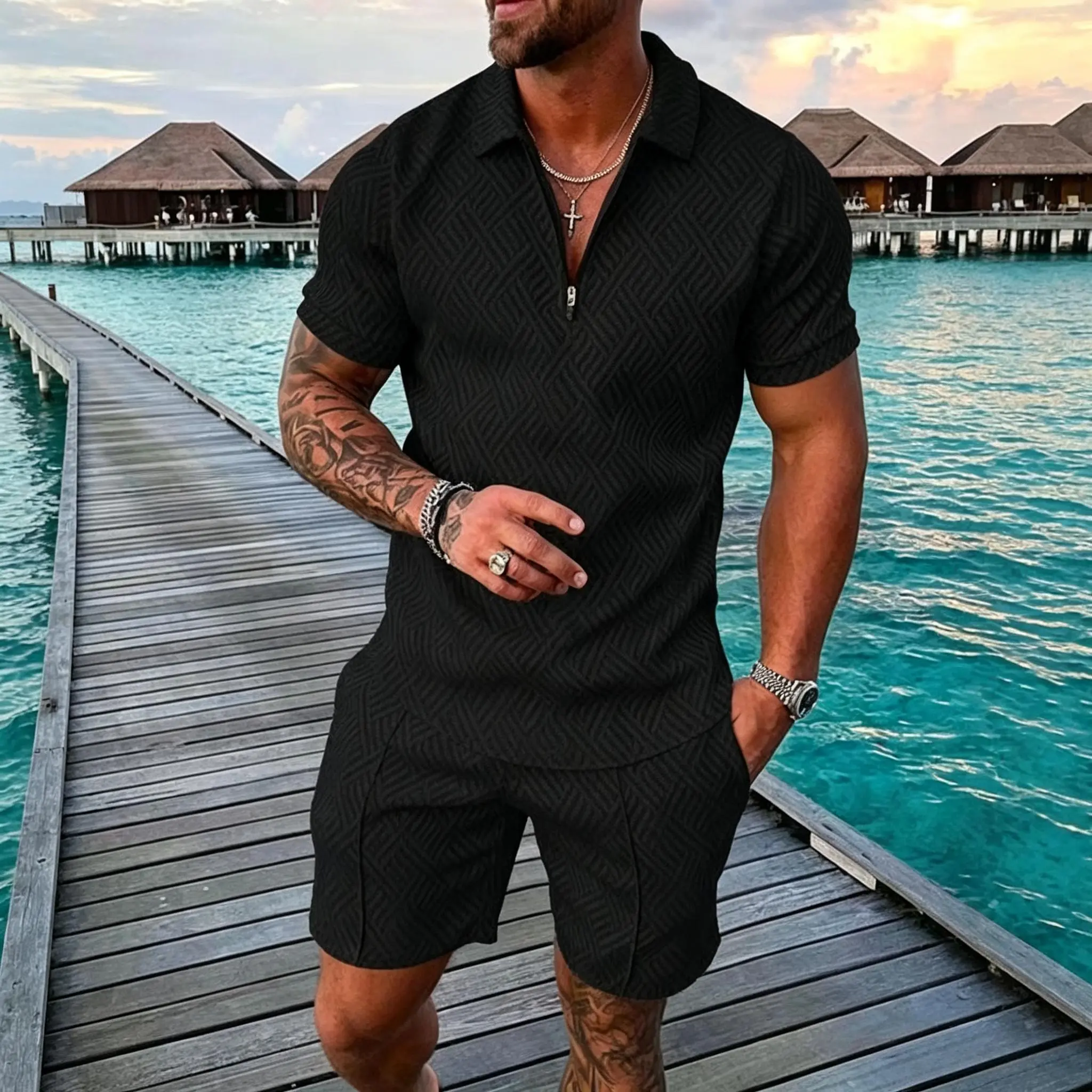 Men’s Lapel Short Sleeve Polo Shirt and Shorts Matching Set, Complete Casual Outfit Grouped as men's wear and streetwear clothing For Contemporary Minimalist Aesthetics And Flexible Collocation With Extra Casual Bottoms