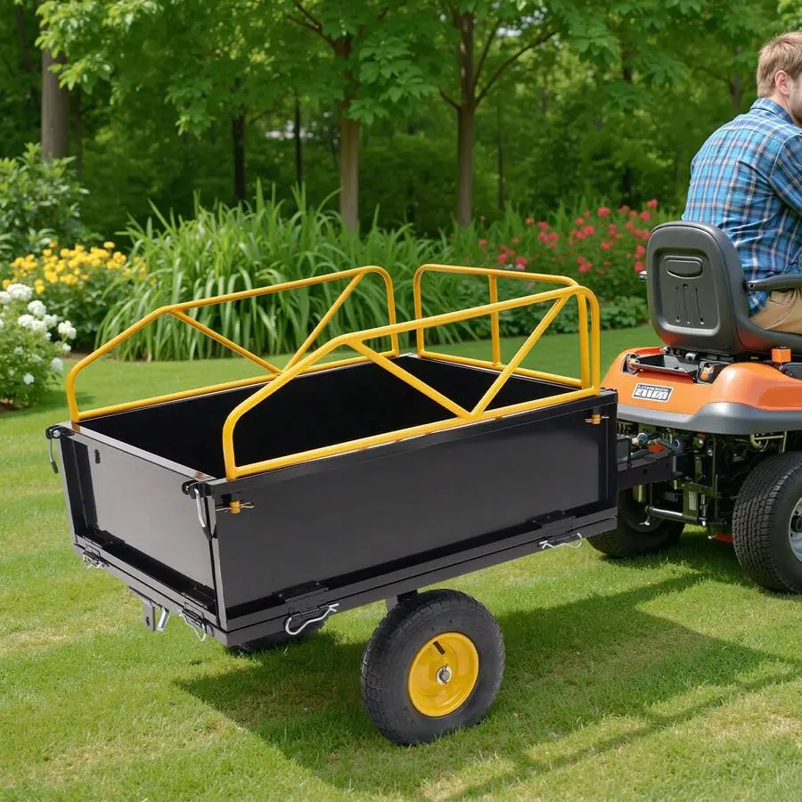 Heavy-Duty Tow-Behind Outdoor Yard Utility Trailer with Dump Function, Steel Frame, Haul Materials for Yard Users, Lawn Mower & Home Use