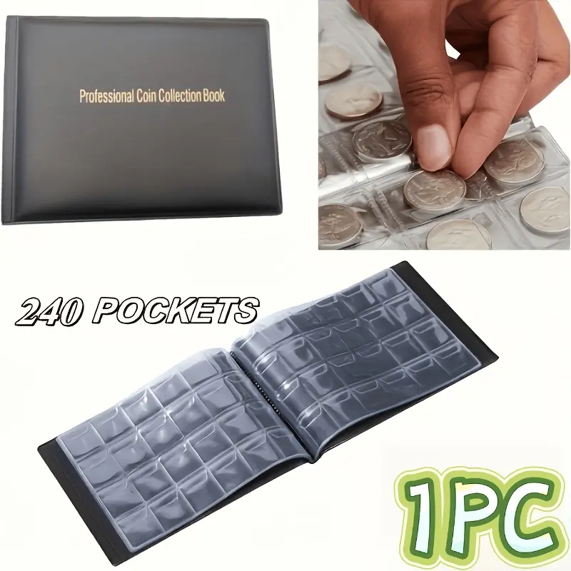1 large capacity coin collection book - heavy-duty bound, suitable for coins, commemorative coins, stamps, postcards, and postal codes, equipped with 240 PVC visible pocket pages, suitable for enthusiasts and coin collectors