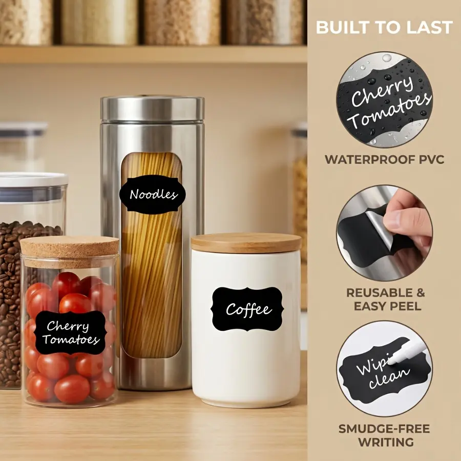 40 Waterproof PVC Label Stickers, Self-adhesive Adhesive Free Food Label Stickers, Removable Labels, Labels for Kitchen, Suitable for Seasoning Jars, Food Storage Rooms, Containers, and Date Marking - Kitchen Storage Accessories