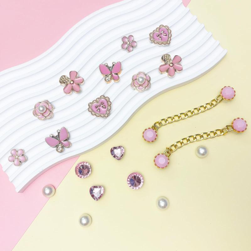 20pcs Bling Plastic Butterfly Flower Sparkling Rhinestones Diy Shoe Decoration Charms For Women's Party Favor Pink Footwear Pearl
