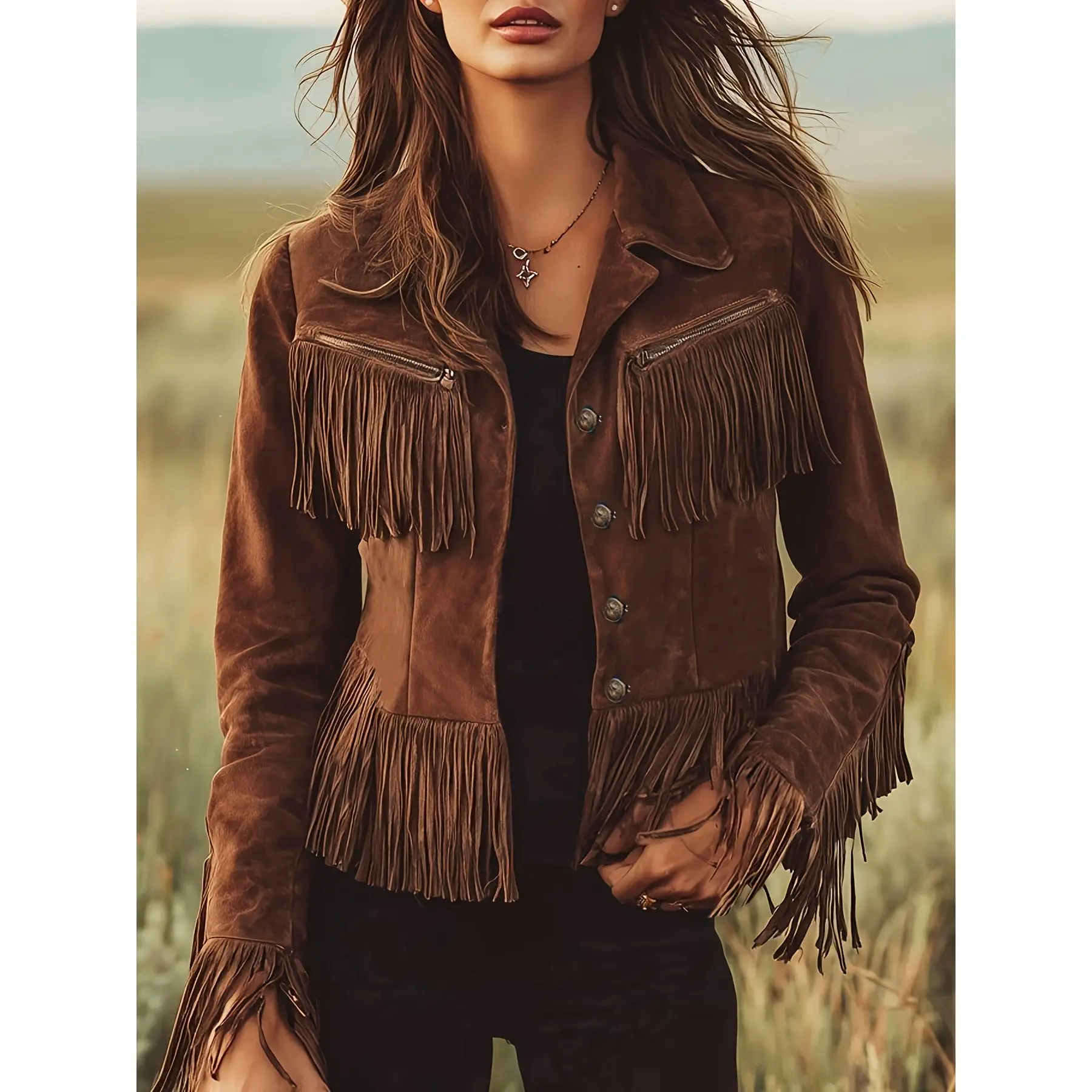 Women's Western Boho Faux Suede Fringe Jacket, Open Front Long Sleeve Cowgirl Outerwear for Festival Daily Fall Outfits