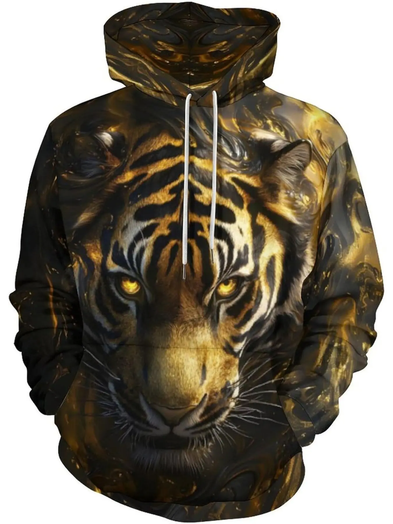 Gold-plated Fierce Tiger Head 3D Printed Hoodie, Stylish and Trendy Pullover Hooded Sweatshirt