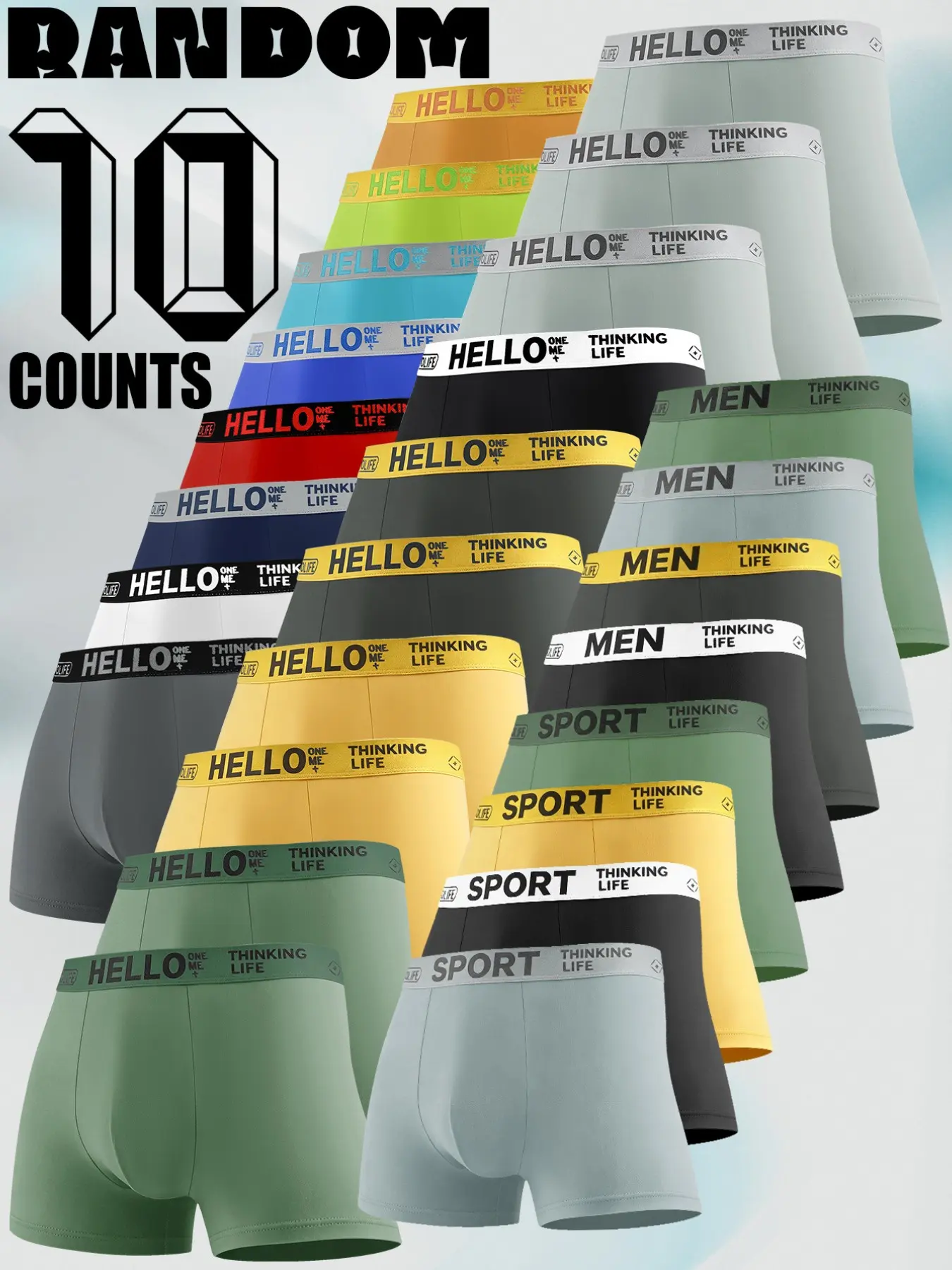 10 pcs random men's flat cornered underwear, comfortable Casual briefs, boxer briefs, High elasticity, quick drying sports underwear, Sportswear, suitable home-based, comfortable men's flat underwear, Suitable for wearing in all seasons