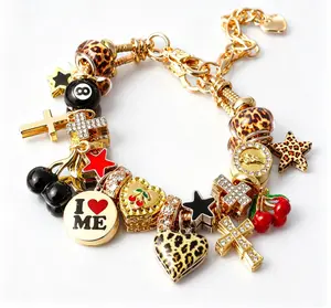 everyday Costume Jewelry Bracelets & Bangles Assortment - 1pc Cute Red Cherry Charm, Leopard Print Star, Black 8 Ball Dark, Cross Star, Punk Music Festival Styles accessory men woman classic couple barcelets trendy preppy gold