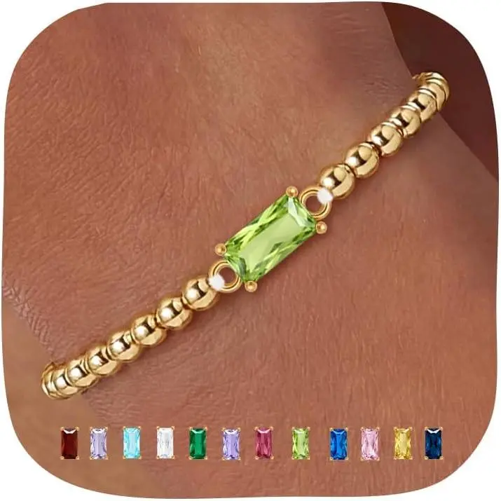 Dainty Birthstone Bracelets for Women - 14K  Plated/ Bead Bracelets for Women Elastic  Bracelet  Friendship Birthday Gifts
