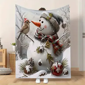 1pc Creative Cute Snowman Pattern Flannel Blanket, Christmas Decorative Throw, Soft and Comfortable Blanket, for Travel, Sofa, Bed, Office, Home Decor, Birthday Gift Blanket, for Boys, Girls, Adults, All-Season Use