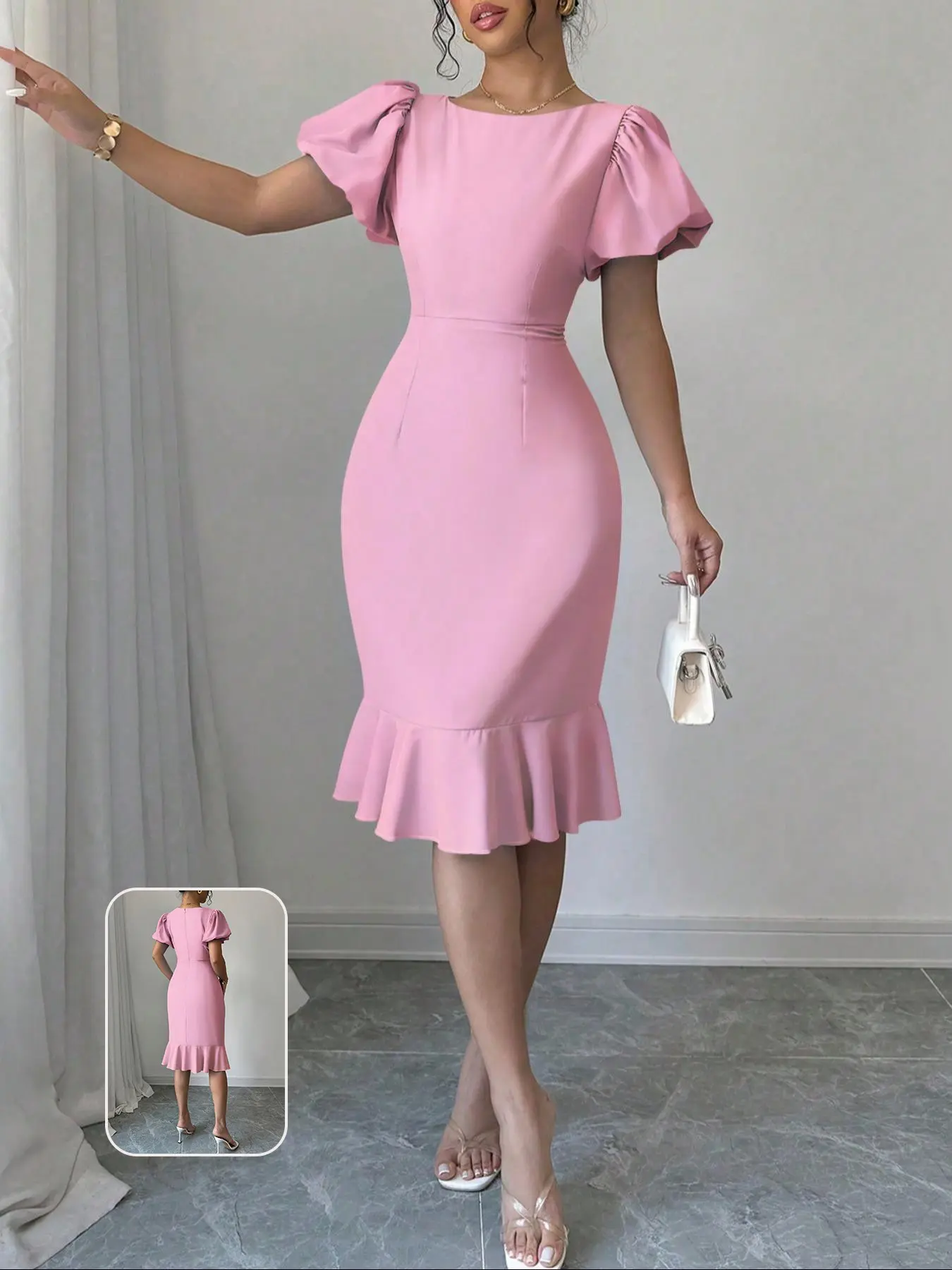 Elegant Chic Women's Bubble Sleeve Short Dress, Slim Fit Round Neck, Hidden Zipper Back, Ruffled Hem, Perfect for Music Festivals, Evening Parties, Business