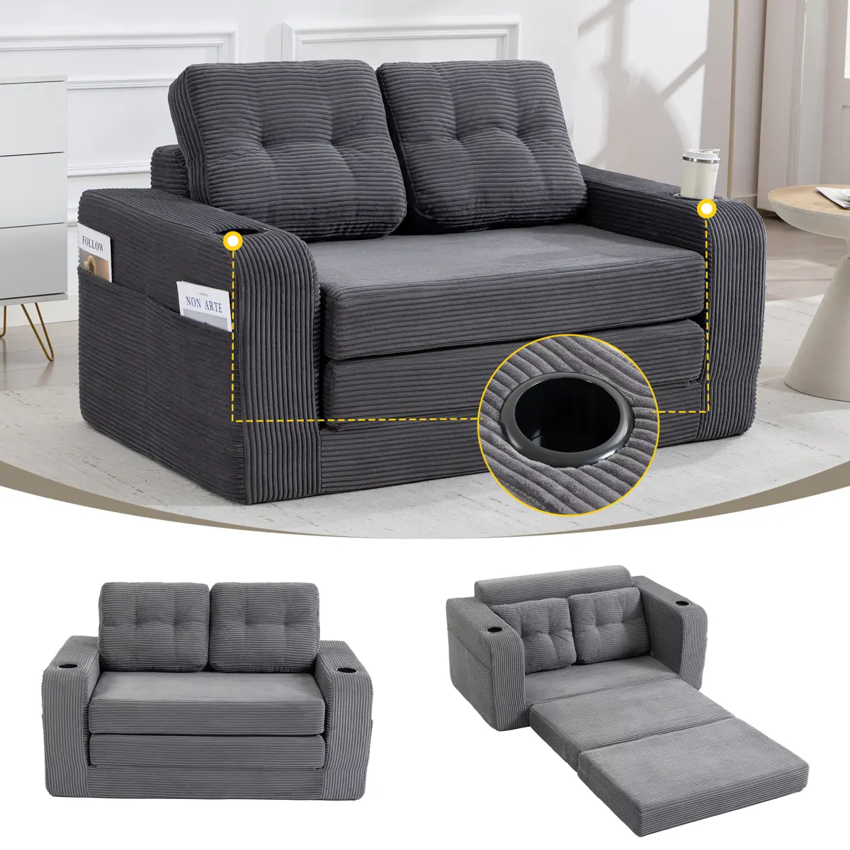 2-in-1 Corduroy Convertible Futon Couch (53.54x31.5x32.48 in) - High-Density Memory Foam Sofa Bed, Folding Mattress with Side Pockets, Cup Holders, 300LBS Max Load, No-Assembly for Small Apartments
