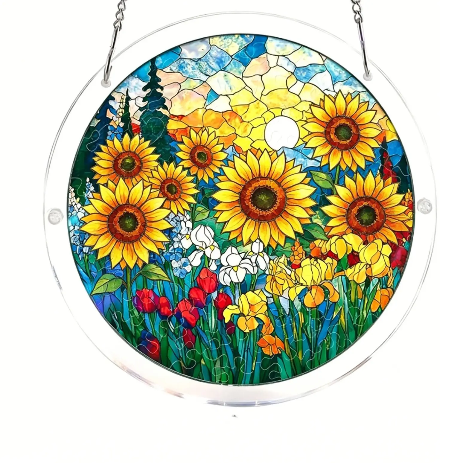 Stained Glass Style Circle Acrylic Puzzle Cutout Sunflower Suncatcher, Hangable Nature Window Decor Ornaments, Indoor Garden Hanging Birthday Gift, Light, Colorful, Luminous