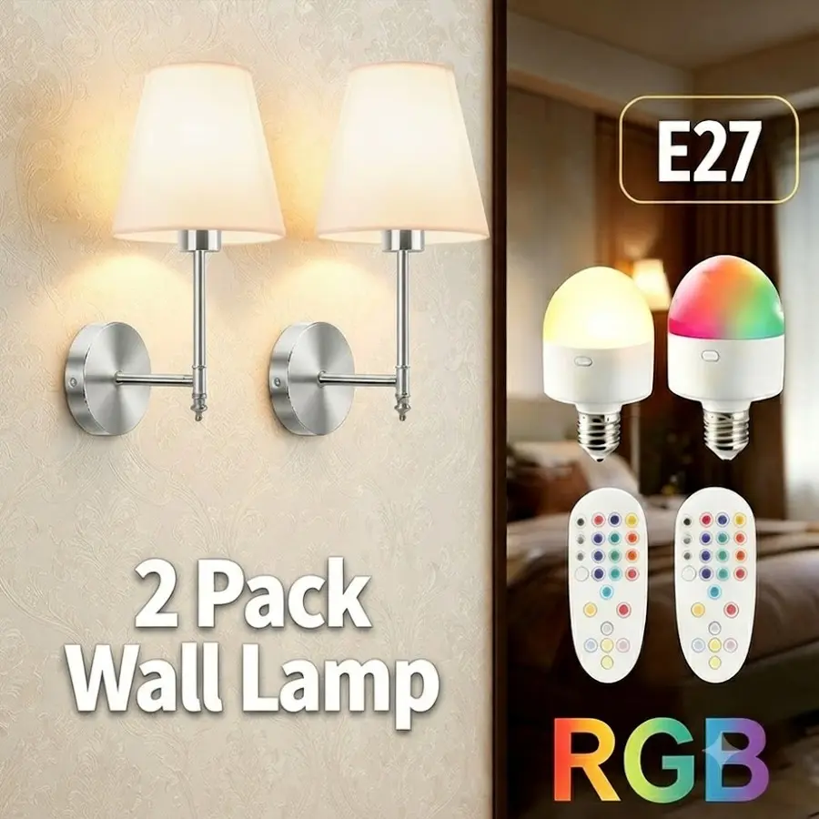 Set of 2 LED wall lights, 2800mAh rechargeable, with RGB lighting effects and remote-controlled dimming; Dimmable Wall Light; suitable for bedrooms, living rooms, studies and hallways; for home interior lighting